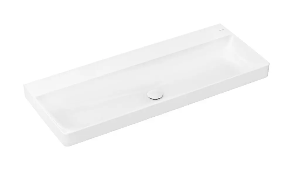 Waschbecken in rechteckiger Form von Hansgrohe, ohne Hahnloch und Überlauf, in reinem Weiß. Entwurf mit glatter Oberfläche für die Wandmontage.